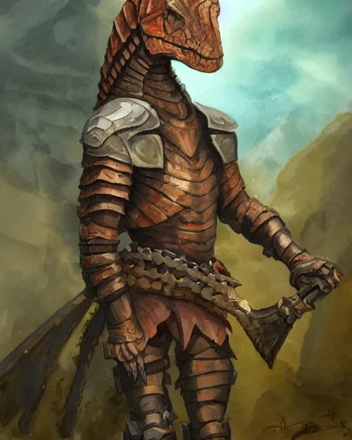 Prompt: a oil / watercolor painting full body character portrait of a humanoid dinosaur village knight / guard in the style of moebius in the style of leonard boyarsky trending on artstation deviantart pinterest detailed photorealistic highlights and shadow hd 8 k post - processing high resolution