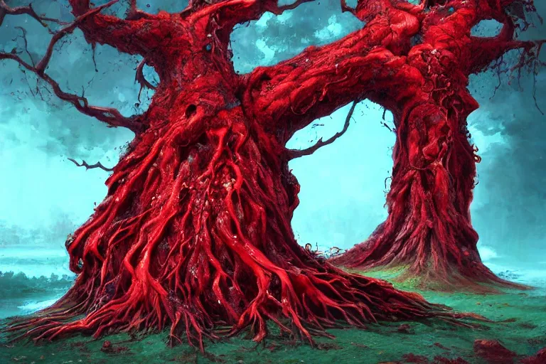 Image similar to a giant rotting tree with crimson water flowing through its roots surrounded by moths, concept art, digital painting, trending on artstation, deviantart, highly detailed, perfect composition, dramatic lighting, sharp focus, 8 k uhd