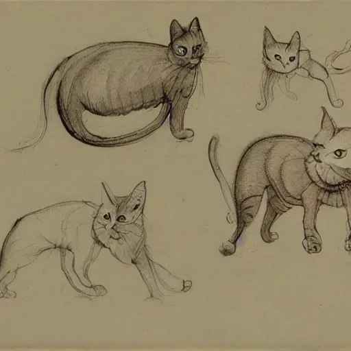 Image similar to da vinci ’ s sketchbook, showing the design of cats,