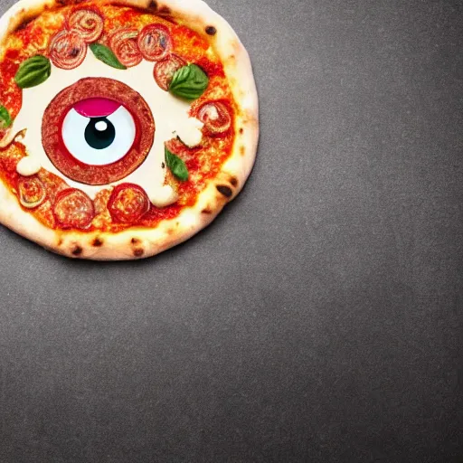 Image similar to a pizza with eye balls fingers on it, top view