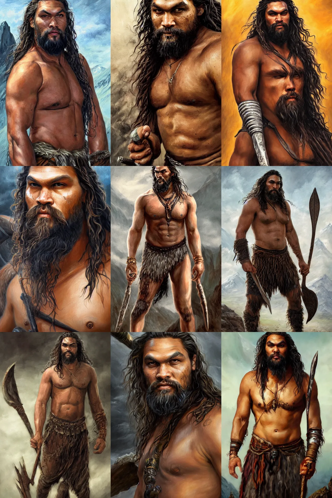 Prompt: a full body high detail fantasy portrait oil painting illustration of Jason Momoa as a single rugged stoic barbarian man by Justin Sweet with face and body clearly visible, in a scenic background, pupils visible, realistic proportions, d&d, rpg, forgotten realms, artstation trending, high quality, sombre mood, artstation trending, muted colours, no crop, entire person visible!, natural light, Adobe Photoshop, Adobe Lightroom, photolab, Affinity Photo,