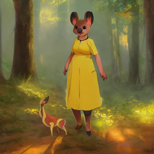 Image similar to concept art painting of an anthropomorphic chubby doe wearing yellow dress, in the deep forest, realistic, detailed, cel shaded, in the style of makoto shinkai and greg rutkowski and james gurney