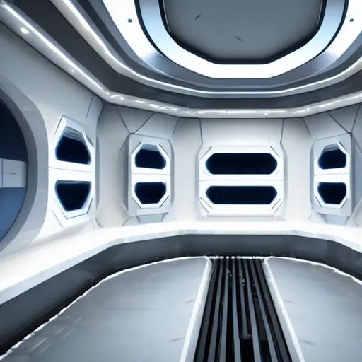 Prompt: Cryo chamber onboard a starship, cryo beds arranged around glossy white pillars, Octane render, 8k, sci-fi, digital art,
