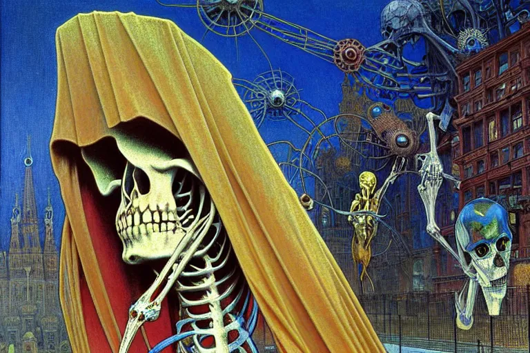 Prompt: realistic detailed closeup portrait painting of a single skeleton wearing a cape in a crowded futuristic moscow street by Jean Delville, Amano, Yves Tanguy, Alphonse Mucha, Ernst Haeckel, Edward Robert Hughes, Roger Dean, rich moody colours, blue eyes