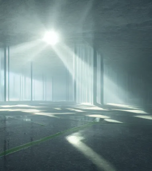 Image similar to the symmetric green cross lights in the artic, volumetric lighting, fog, majestic light, octane render, ethereal glare of the sun, hyperrealistic, epic, masterpiece, by peter zumthor, by makoto shinkai