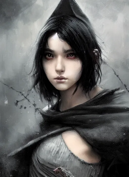 Image similar to a teenage girl with very short black hair and a huge cloak made of grey and black strips. mist swirls around her. beautiful highly detailed face. beautiful painting by artgerm and greg rutkowski and raymond swanland