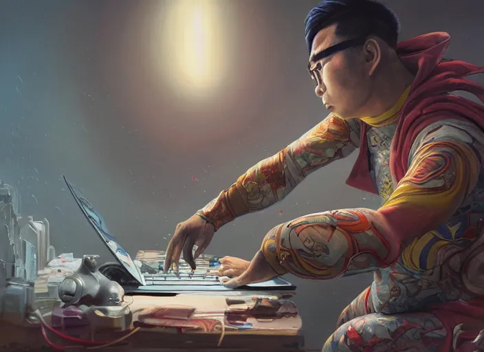 Image similar to an insanely detailed painting of an asian man wearing a homemade superhero costume, sitting at a desk, staring seriously at the computer and typing, in the style of peter mohrbacher, james jean, ruan jia, dramatic lighting and composition, surreal background, octane render, pixar, trending on artstation, concept art, comic book, view from behind, 8 k