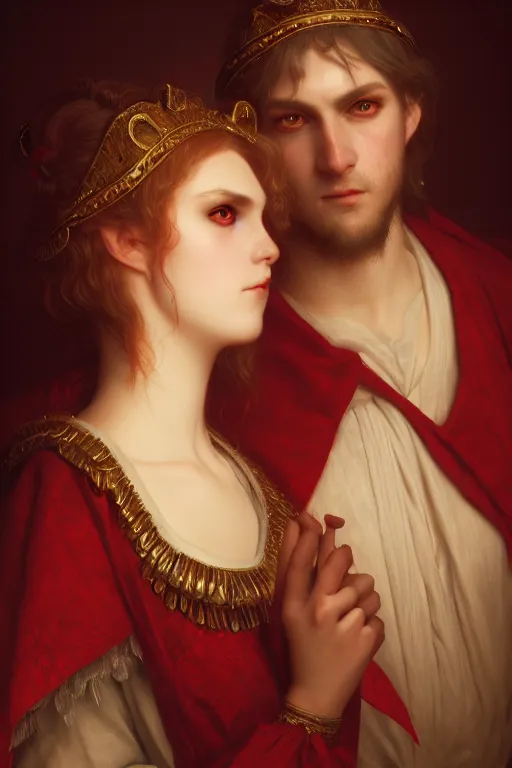 Prompt: a portrait of Satan As A Demon and his beautiful wife, white eyes, bored, illustration, soft lighting, soft details, painting oil on canvas by Edmund Blair Leighton and Charlie Bowater octane render, HDR, trending on artstation, 4k, 8k, HD