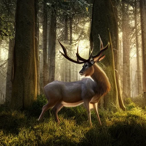 Image similar to beautiful hyper realistic stag. elven woods, celestial highly detailed magic athmospher. beautiful highly detailed forest background. blue light. sunlight rays throught the trees. intricate, elegant, long shot 8 k rendering.