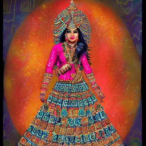 Prompt: indian hindu woman in an intricate beautiful dress, ornate, psychedelic, trending on artstation