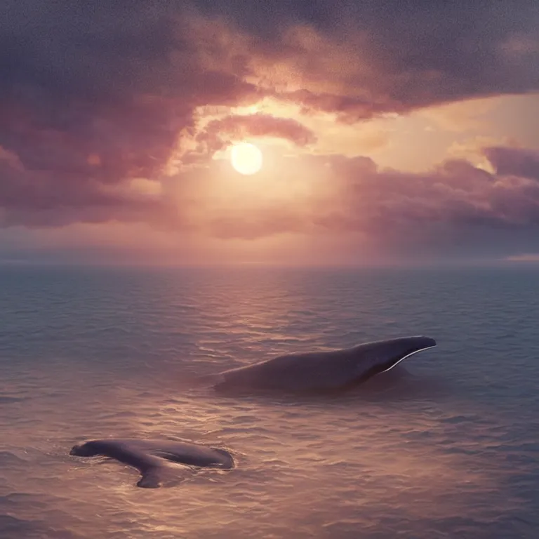 Image similar to vfx shot by weta digital and industrial light and magic ilm, a stunning beautiful blue whale made out of shiny reflective dripping liqud chrome swimming through fluffy giant sunset clouds, octane render, cinema 4 d, ray traced lighting, very short depth of field, bokeh