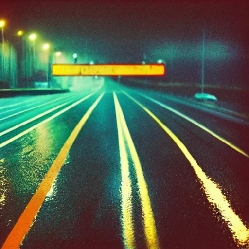 Prompt: “35mm film photography of highways, rain, night, cinestill 800t, grain”