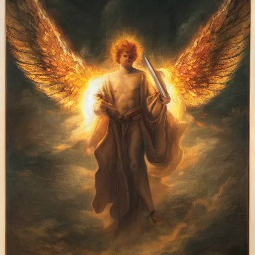 Image similar to epic portrait of an angel holding a flaming sword above his head, flying in the sky