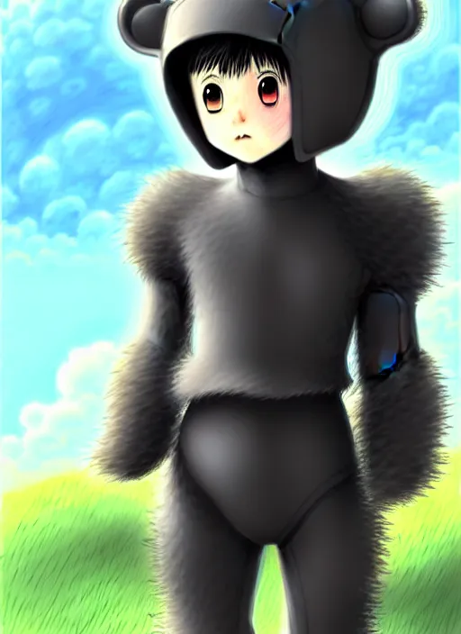 Image similar to beautiful little boy wearing an cyborg bear suit, artwork in kentaro miura and made in abyss and rosdraws, smooth, beautiful lightness, anatomically correct, trending on pixiv, forest