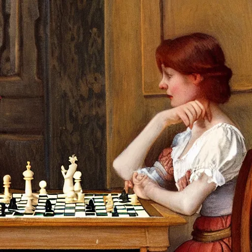 Image similar to a young edwardian woman playing chess against a rabbit inside a church in the style of Carl Larsson