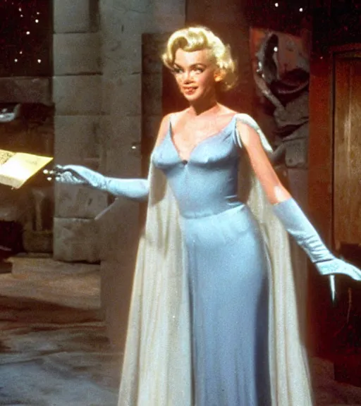 Image similar to a movie still of marlin monroe as princess leigha in the movie star wars