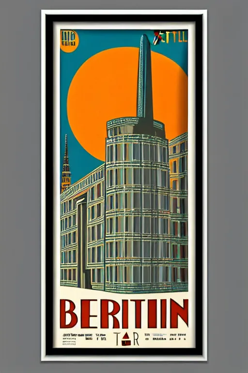 Prompt: art deco travel poster. berlin, framed poster