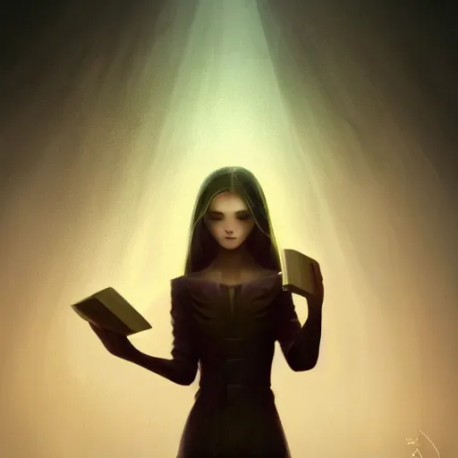 Prompt: mysterious, a woman holding only a book, evokes a sense of wonder, dramatic lighting, digital art, critical detail, sharp focus, a simple textured vector based illustration, cinematic, contrasting colors, atmospheric dreamscape painting, wlop by ( artstation jeremiah ketner and leonardo da vinci and greg rutkowski )