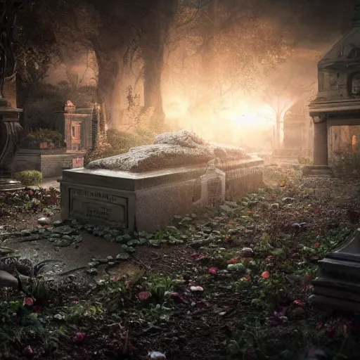 Image similar to full body pose, hyperrealistic photograph of love beyond the grave, dim volumetric lighting, 8 k, octane beautifully detailed render, extremely hyper detailed, intricate, epic composition, cinematic lighting, masterpiece, trending on artstation, very very detailed, stunning, hdr, smooth, sharp focus, high resolution, award, winning photo, dslr, 5 0 mm