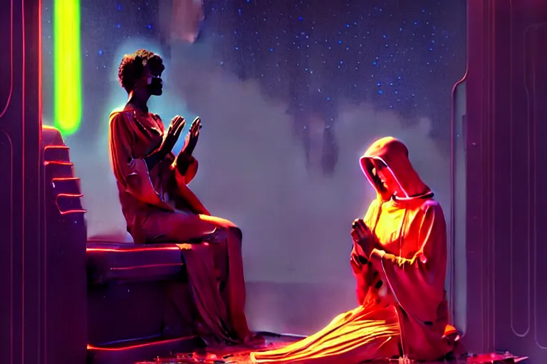 Image similar to patron saint 👩🏾 praying with machine, futuristic long robes clothing, worm hole, neon god of city character portrait, in the style of moebius, wlop, tom bagshaw, and waterhouse, cinematic lighting, beautiful, elegant, oil painting,
