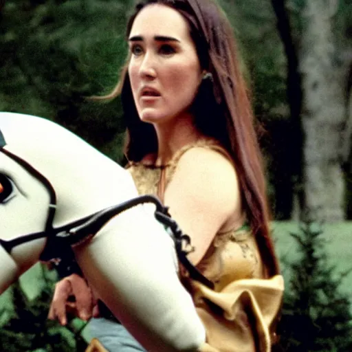 Image similar to 35mm film still of Jennifer Connelly riding a rocking horse, figure portrait