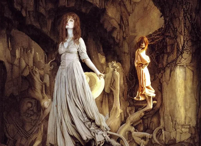 Image similar to jim henson's labyrinth. sarah, a girl in a ballgown, is trapped in a dark shadowed oubliette made of stone. by edgar maxence and caravaggio and michael whelan and delacroix style, artistic, intricate painting, cinematic lighting, hyper realistic, extremely detailed, vivid colors, establishing shot, dramatic lighting