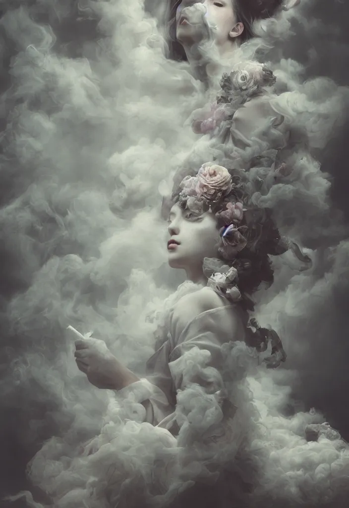 Prompt: beautiful, ghost, smoke, clouds, haunting young woman with numerous hands and arms, made of clouds and smoke, in renaissance times, detailed gorgeous face, sad eyes, vaporwave aesthetic, synthwave long luxurious gown made out of pearls, hair done up with flowers and ribbons, digital art, butterflies, birds, digital painting, artstation, concept art, smooth, sharp focus, illustration, art by artgerm and greg rutkowski and alphonse mucha