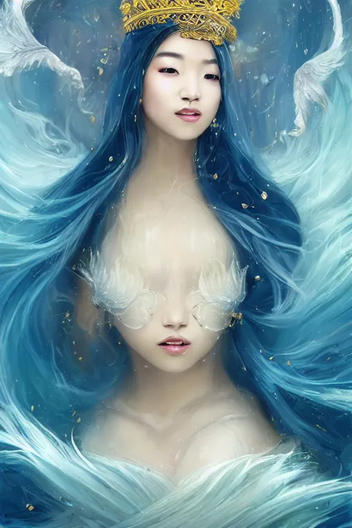 Image similar to a beautiful young asian woman, Queen of the Sea Mu Yanling, long flowing white hair, blue yellow robe with wide feather like quality, water flowing and floating around, young female face, liquid magic, cinematic top lighting, insanely detailed and intricate, face by wlop, Charlie Bowater, golden ratio, symmetric, elegant, ornate, luxury, elite, matte painting, MTG, magic the gatheing, cinematic, cgsociety, 8k, high resolution,