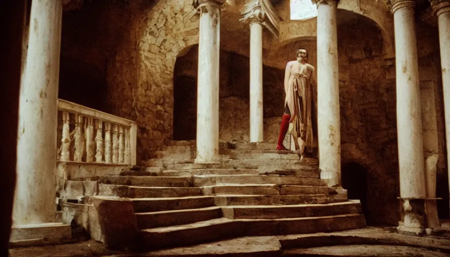 Image similar to movie still by tarkovsky of caligula poniard to death by senators on ancient stairs blood flowing, cinestill 8 0 0 t 3 5 mm, high quality, heavy grain, high detail, dramatic light, ultra wide lens, anamorphic