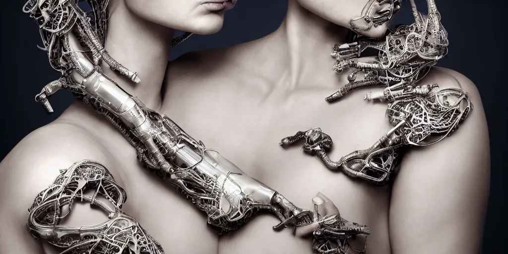 Image similar to hyper realistic photography of a stunningly beautiful cyborg female, plated arm, intimate, chest, holding close, ribbons, in the style of beth cavener, jin kagetsu,, and wlop, highly detailed, intricate filigree, symmetry, masterpiece, award winning, sharp focus, concept art, highkey lighting, ambient lighting, octane render, 8 k, artstation
