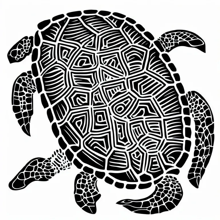 Prompt: simple yet detailed illustration of a warana sea turtle, use of negative space mandatory, artwork created by Mike Mignola and Banksy in the style of a cartoon and tattoo stencil, black ink illustration,no shadings, black on white only, smooth curves