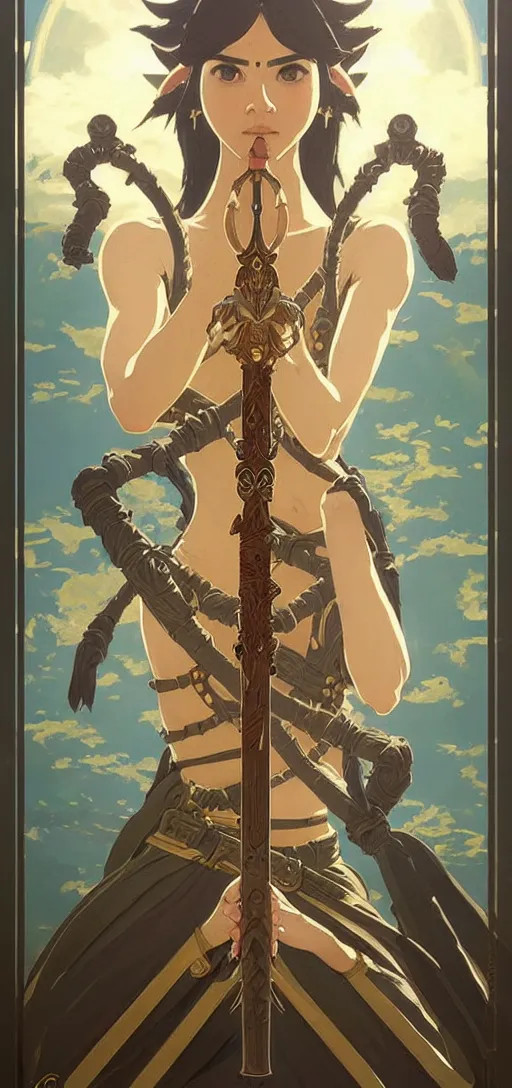 Prompt: perfectly detailed breath of the wild tarot card!! blessed by nature with ever - increasing physical mental perfection, symmetrical! intricate, sensual features, highly detailed, biblical divine holy perfection!! digital painting, artstation, concept art, smooth, sharp focus, illustration, art by artgerm and greg rutkowski and alphonse mucha