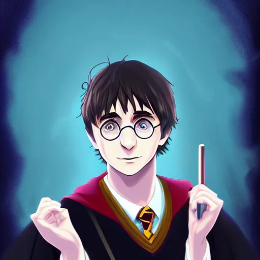 Image similar to portrait of harry potter in anime style, highly detailed, centered, solid color background, digital painting