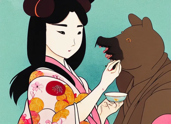 Image similar to ink painting of a girl wearing a kimono giving a peach to a large anthropomorphic asian black bear, featured in artstation, artgerm, octane render, award winning, cinematic, elegant, intricate, 8 k, close up, in the style of studio ghibli and heikala and alphonse mucha,