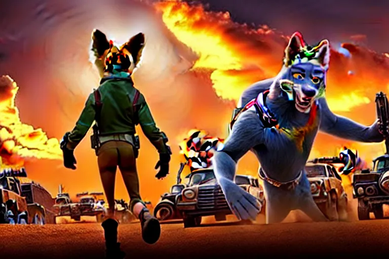 Image similar to nick wilde ( from zootopia ), heavily armed and armored facing down armageddon in a dark and gritty reboot from the makers of mad max : fury road