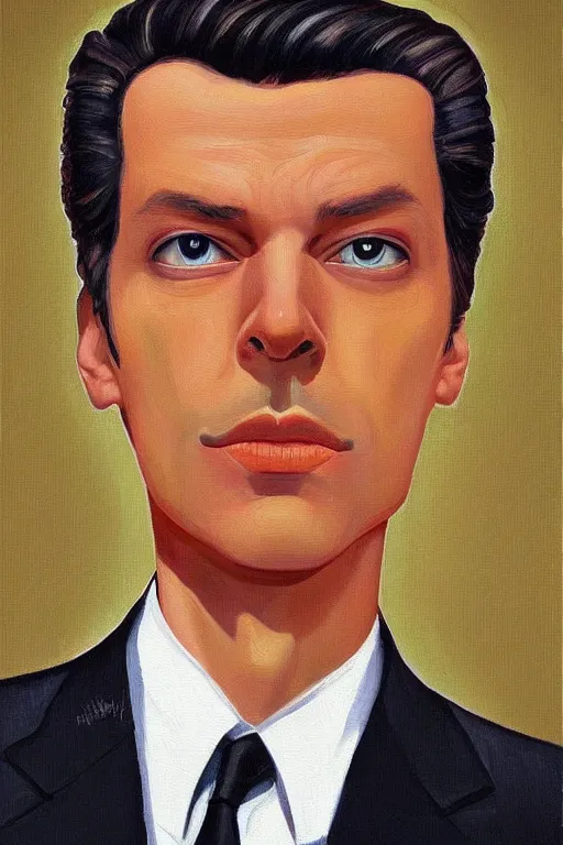 Prompt: a painting of a man wearing a suit and tie, a character portrait by Vladimir Tretchikoff, digital art by by József Borsos, trending on Artstation, cloisonnism, digital painting, digital illustration, vaporware