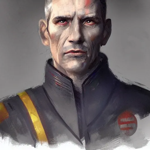 Image similar to portrait of a man by greg rutkowski, blue skin, red eyes, short black hair in military style, tall, star wars expanded, universe, he is about 5 0 years old, wearing white colored imperial admiral uniform, artstation hq