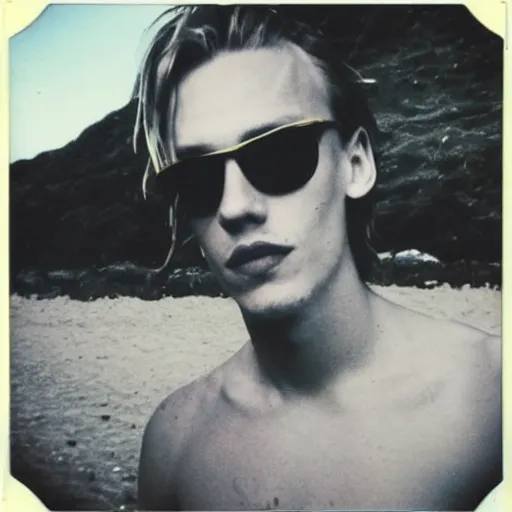Image similar to polaroid of jamie campbell bower on a beach