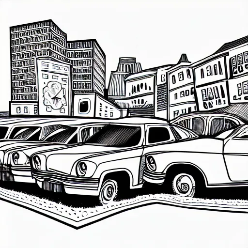 Prompt: book illustration of an old street with old cars, happy people, book illustration, monochromatic, white background, black and white image