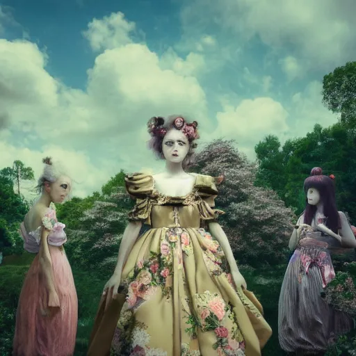 Image similar to 8k, octane render, realism, tonalism, renaissance, rococo, baroque, group of creepy young ladies wearing long harajuku manga dress with flowers and skulls, background chaotic flowers, gold leaf accents