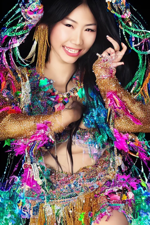 Image similar to digital render of a beautiful asian woman fully covered in clothes made out of jewels while dancing in the middle of a river, background is a black forest out of focus, art by Alberto Mielgo, low light, moonlight, highly detailed, 8k