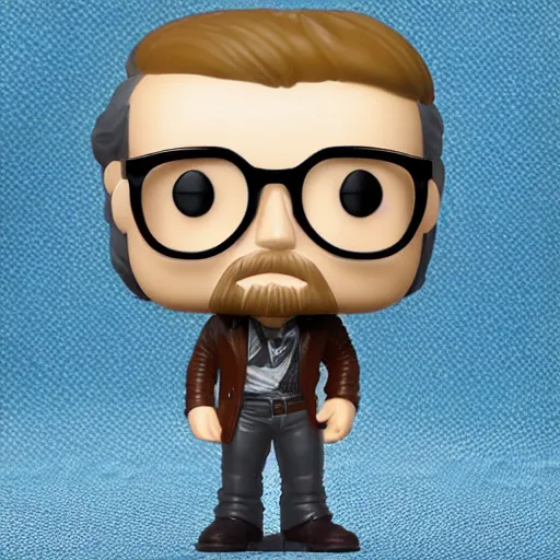 Prompt: a funko pop of german young man with long dark blonde hair, very short goatee and light round glasses, in a funko pop box that says ultra