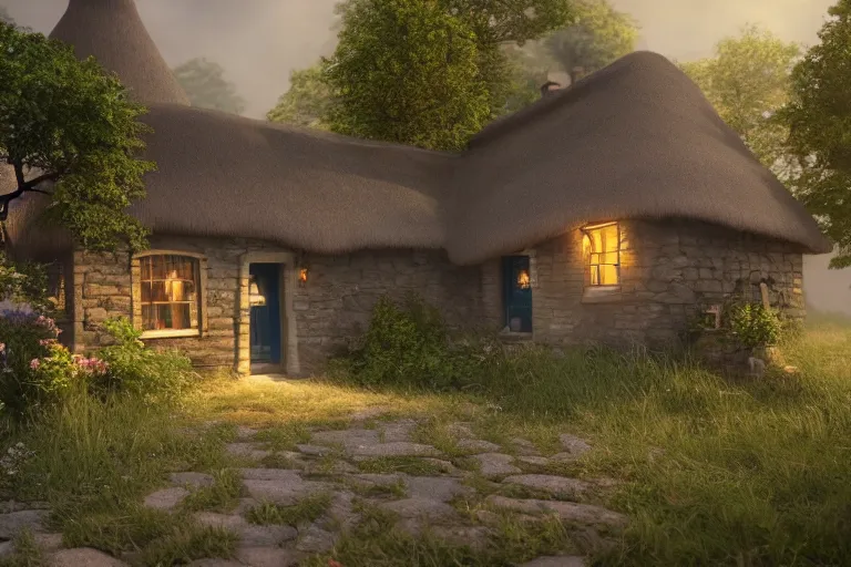 Prompt: a beautiful matte painting of a little cottage, trending on artstation, 1 2 k, ultra realistic, unreal engine, octane render, volumetric lighting, ray tracing