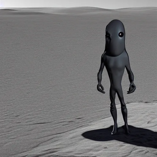 Image similar to a sad Roswell grey alien trying to repair his crashed burning spacecraft in the desert, a hologram by Alan Bean, featured on zbrush central, hurufiyya, zbrush, polycount, airbrush art