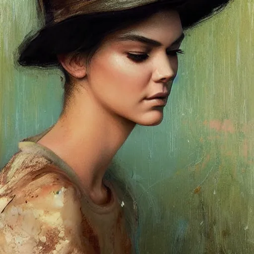 Prompt: happy very thick paint brush strokes paint texture full body very worn out very rusty fashion model kendall jenner by Jeremy Lipking by Hasui Kawase by Richard Schmid (((smokey eyes makeup eye shadow fantasy, glow, shimmer as victorian woman in a long white frilly lace dress and a large white hat having tea in a sunroom filled with flowers, roses and lush fern flowers ,intricate, night, highly detailed, dramatic lighting))) , high quality