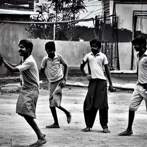 Image similar to four tamil friends playing a game of cricket, on an indian street, award winning image, national geographic, dslr image, black and white