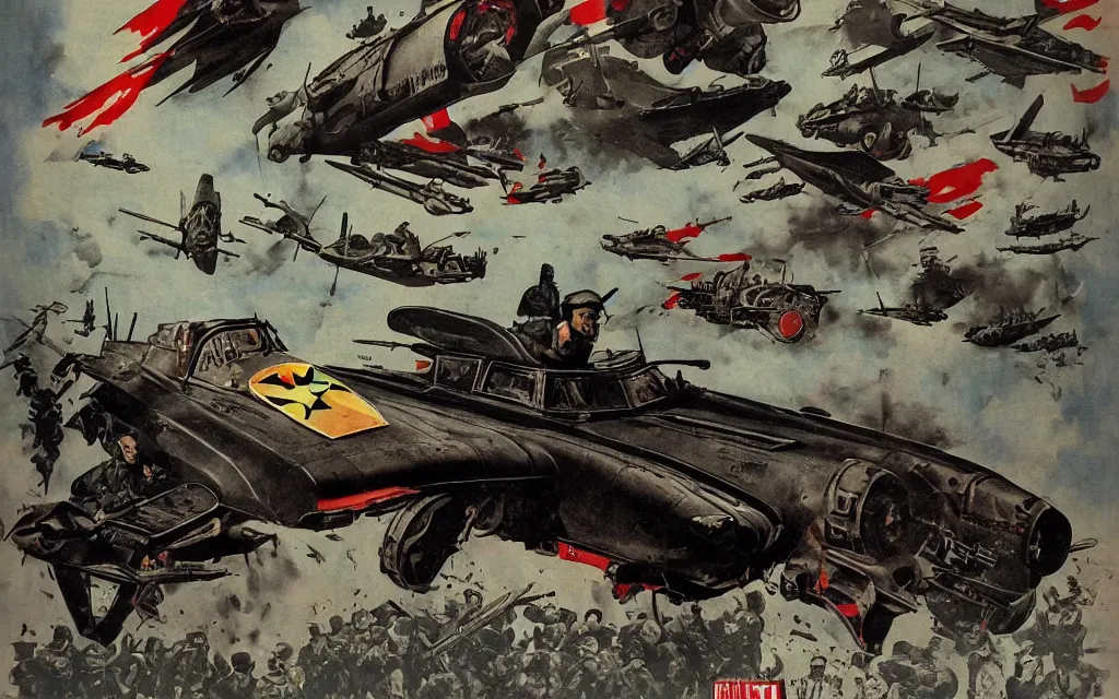 Image similar to batmobile in the style of norman rockwell, world war 2, wwii, propaganda poster, sci - fi illustrations, highly detailed, award - winning, patriotic, soviet, ussr, dark, gritty, ink