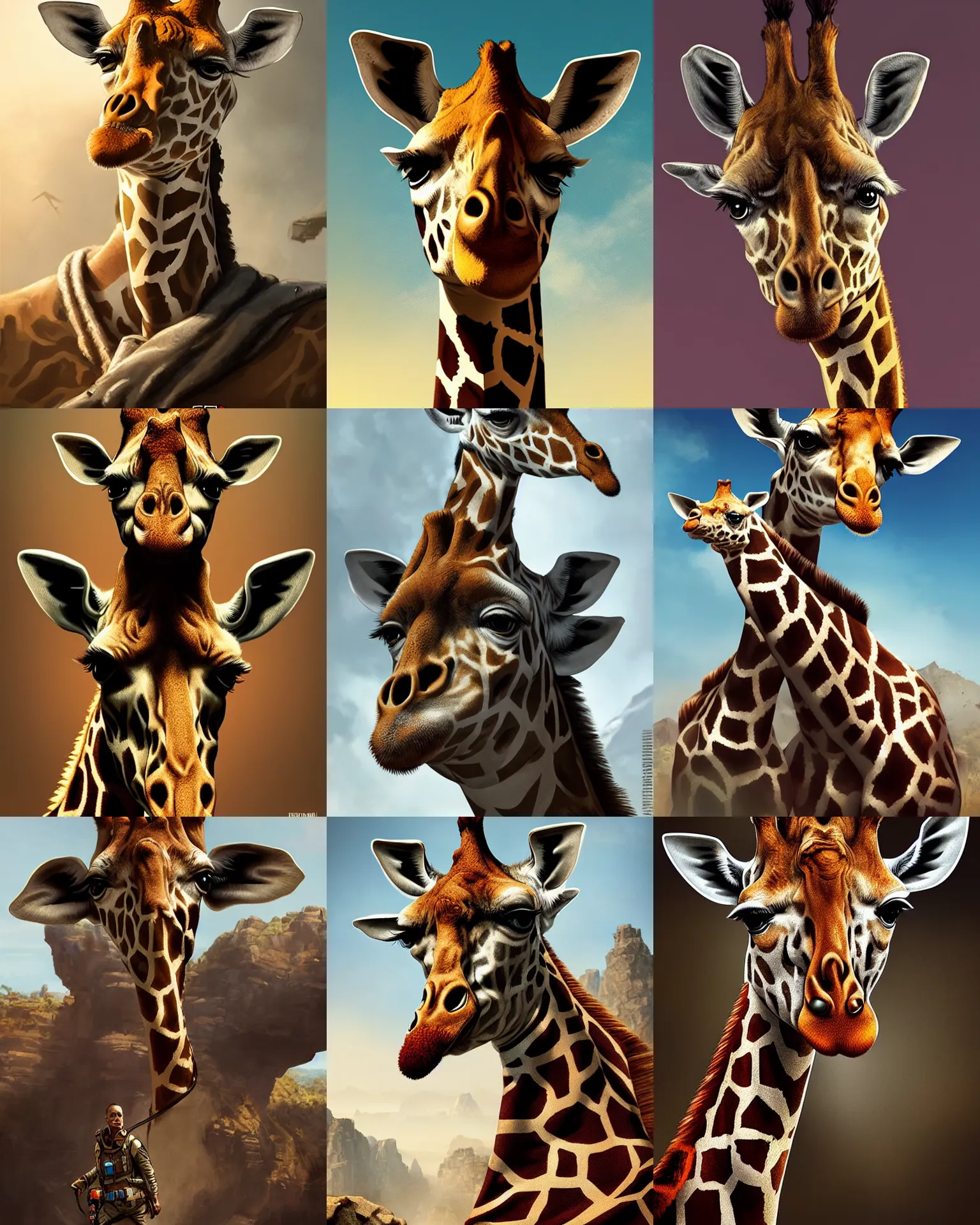 Prompt: giraffe as an apex legends character digital illustration portrait design by, mark brooks and brad kunkle detailed, gorgeous lighting, wide angle action dynamic portrait