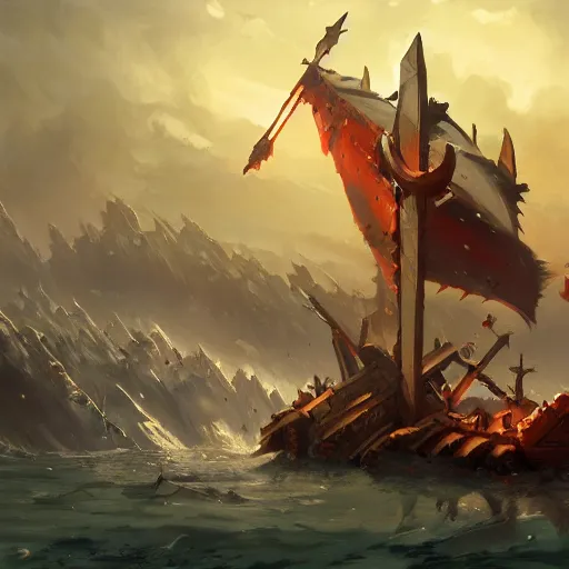 Image similar to arcane style viking battleship, viking cannons, viking spears and axes. spear and axes, sea background, bright art masterpiece artstation. 8 k, sharp high quality artwork in style of greg rutkowski, concept art by tooth wu, blizzard warcraft artwork, hearthstone card artwork