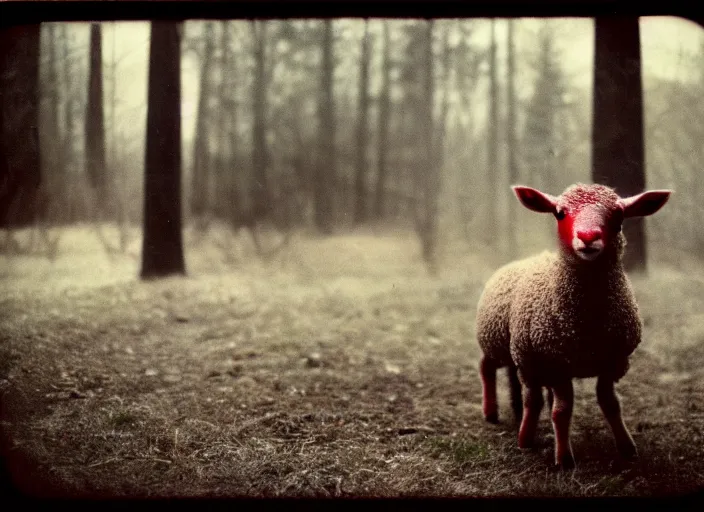 Prompt: medium shot, a lamb with red eyes, evil, horror, scary, night, polaroid photo, vintage, neutral colors, by gregory crewdson,